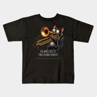 Funny Cat Playing Trombone Brass Musician Kids T-Shirt